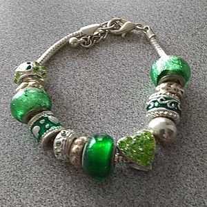 Large bead bracelet with faux silver thick chain. 12 different beads in all.